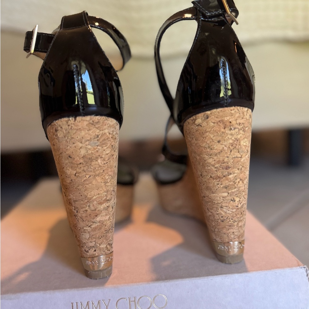 Jimmy Choo Portia Cork Wedge CrissCross Sandals - Black Patent - Picture 3 of 10